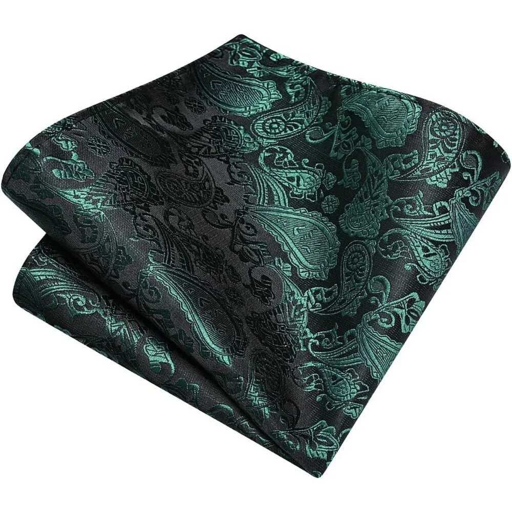 Men's Dark Green 1 Paisley Tie And Lapel Pin Necktie Hankerchief Cufflinks Set
